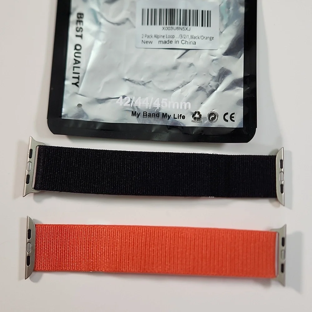 44mm lug Apple Compatible cloth hook watch bands: 1 BLACK, 1 ORANGE